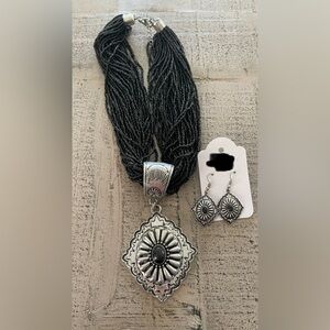 Silver and Black Beaded Necklace and Earring Set